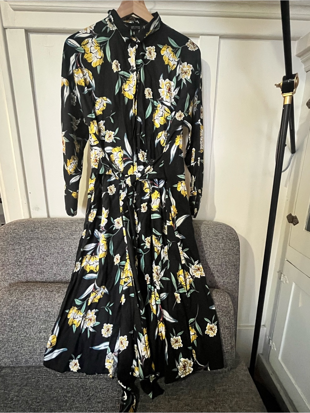 Zara Black Floral Tie-Waist Long Sleeve Midi Dress with Yellow and White Blooms